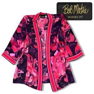 Bob Mackie Wearable Art Kimono Open Front Womens Small Red Pink Watercolor Light